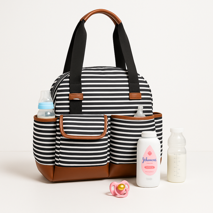 iPack Striped 12-Pocket Baby Diaper Tote Bag – Black & White